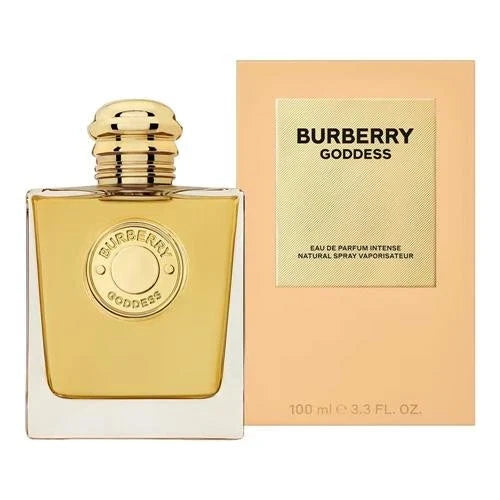 Burberry Goddess Eau de Parfum Intense natural spray in a square clear glass bottle with a gold cap and gold liquid, shown next to its peach-colored packaging box.