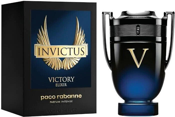 Paco Rabanne Invictus Victory Elixir perfume bottle and packaging on a white background
