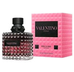Valentino Donna Born in Roma Intense Eau de Parfum Intense bottle with a faceted dark glass body and black cap, shown next to its signature pink textured packaging box.