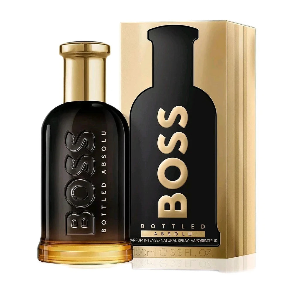 Hugo Boss Bottled Absolu perfume bottle in black with gold detailing, shown next to its matching gold and black packaging box on a white background.